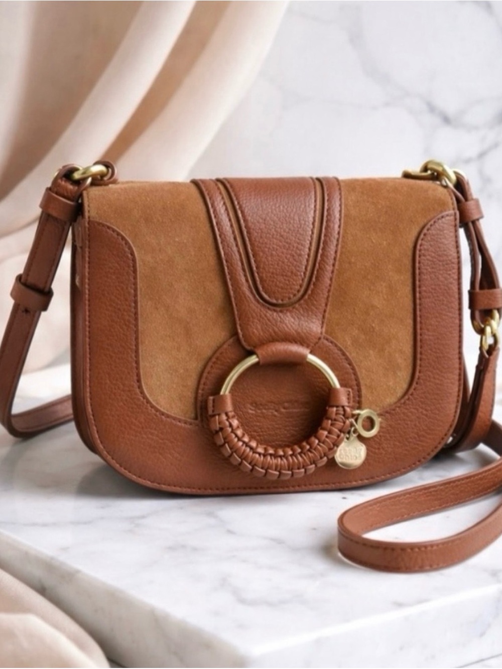 See by Chloe Tan Suede & Leather Crossbody Bag with Gold Ring Accent